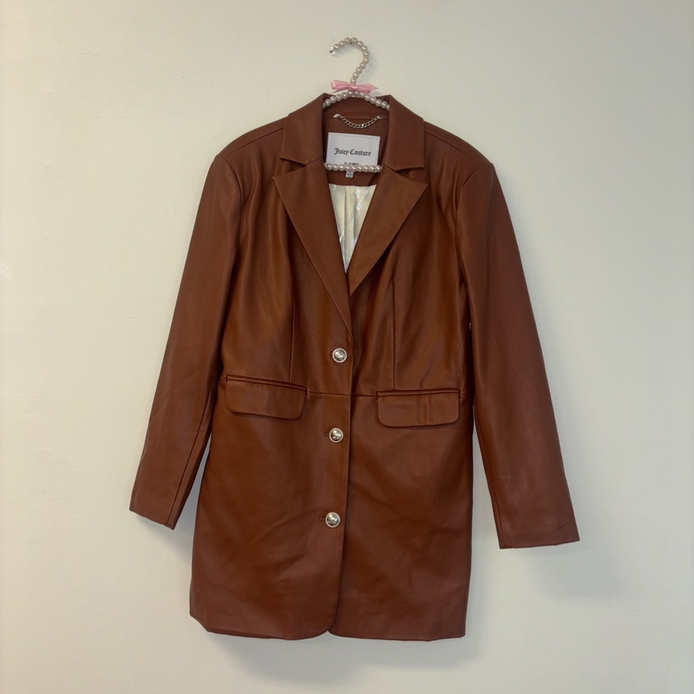 Juicy Couture Brown Faux Leather Blazer Jacket Button Front Pockets Size S - Picture 2 of 10